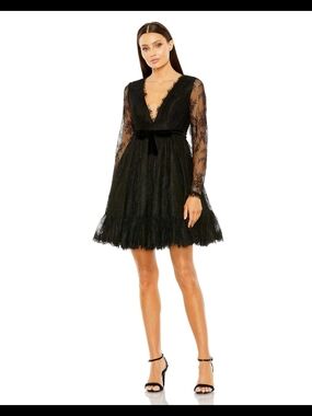Mac Duggal Black Lace V-Neck Mini Dress